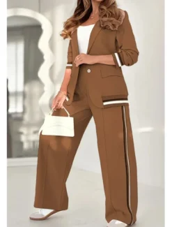 Women's 2 Pieces Elegant Fashion Streetwear Pants Sets Blazer Suits Long Sleeve Shirt Collar Striped Outdoor Work Black White Brown Summer Regular Fit