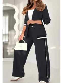 Women's 2 Pieces Elegant Fashion Streetwear Pants Sets Blazer Suits Long Sleeve Shirt Collar Striped Outdoor Work Black White Brown Summer Regular Fit