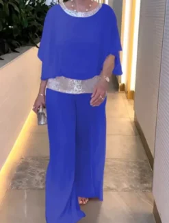 Women's 2 Pieces Fashion Streetwear Daily Pants Sets 3/4 Length Sleeve Crew Neck Solid Color Sequins Patchwork Casual Daily Black White Pink Summer Regular Fit