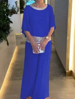 Women's 2 Pieces Fashion Streetwear Daily Pants Sets 3/4 Length Sleeve Crew Neck Solid Color Sequins Patchwork Casual Daily Black White Pink Summer Regular Fit