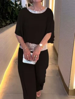 Women's 2 Pieces Fashion Streetwear Daily Pants Sets 3/4 Length Sleeve Crew Neck Solid Color Sequins Patchwork Casual Daily Black White Pink Summer Regular Fit