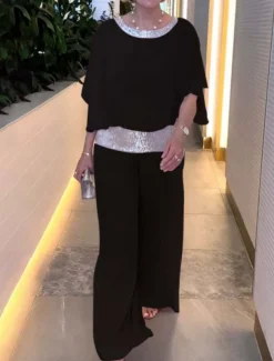 Women's 2 Pieces Fashion Streetwear Daily Pants Sets 3/4 Length Sleeve Crew Neck Solid Color Sequins Patchwork Casual Daily Black White Pink Summer Regular Fit