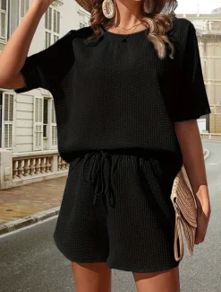 Women's 2 Pieces Fashion Streetwear Daily Shorts Sets Short Sleeve Crew Neck Solid Color Drawstring Casual Daily Black White Pink Summer Loose Fit