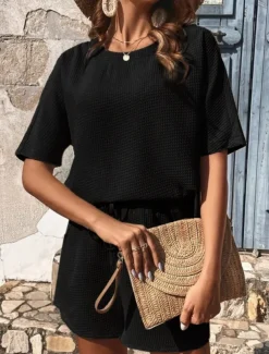 Women's 2 Pieces Fashion Streetwear Daily Shorts Sets Short Sleeve Crew Neck Solid Color Drawstring Casual Daily Black White Pink Summer Loose Fit