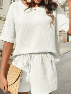 Women's 2 Pieces Fashion Streetwear Daily Shorts Sets Short Sleeve Crew Neck Solid Color Drawstring Casual Daily Black White Pink Summer Loose Fit