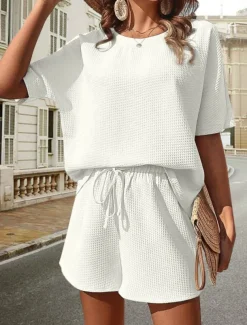 Women's 2 Pieces Fashion Streetwear Daily Shorts Sets Short Sleeve Crew Neck Solid Color Drawstring Casual Daily Black White Pink Summer Loose Fit