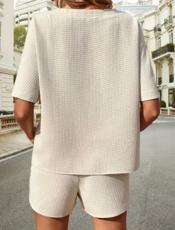 Women's 2 Pieces Fashion Streetwear Daily Shorts Sets Short Sleeve Crew Neck Solid Color Drawstring Casual Daily Black White Pink Summer Loose Fit