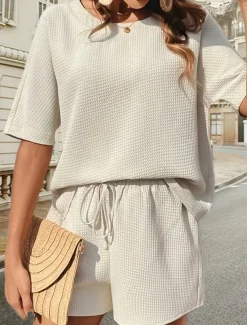 Women's 2 Pieces Fashion Streetwear Daily Shorts Sets Short Sleeve Crew Neck Solid Color Drawstring Casual Daily Black White Pink Summer Loose Fit