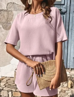 Women's 2 Pieces Fashion Streetwear Daily Shorts Sets Short Sleeve Crew Neck Solid Color Drawstring Casual Daily Black White Pink Summer Loose Fit