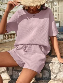 Women's 2 Pieces Fashion Streetwear Daily Shorts Sets Short Sleeve Crew Neck Solid Color Drawstring Casual Daily Black White Pink Summer Loose Fit
