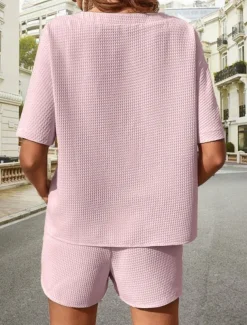 Women's 2 Pieces Fashion Streetwear Daily Shorts Sets Short Sleeve Crew Neck Solid Color Drawstring Casual Daily Black White Pink Summer Loose Fit