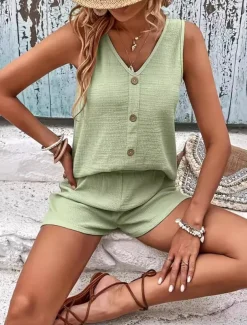 Women's 2 Pieces Fashion Streetwear Daily Shorts Sets Sleeveless V Neck Plain Casual Daily Black Light Green Orange Summer Regular Fit