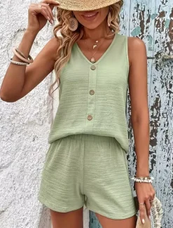 Women's 2 Pieces Fashion Streetwear Daily Shorts Sets Sleeveless V Neck Plain Casual Daily Black Light Green Orange Summer Regular Fit