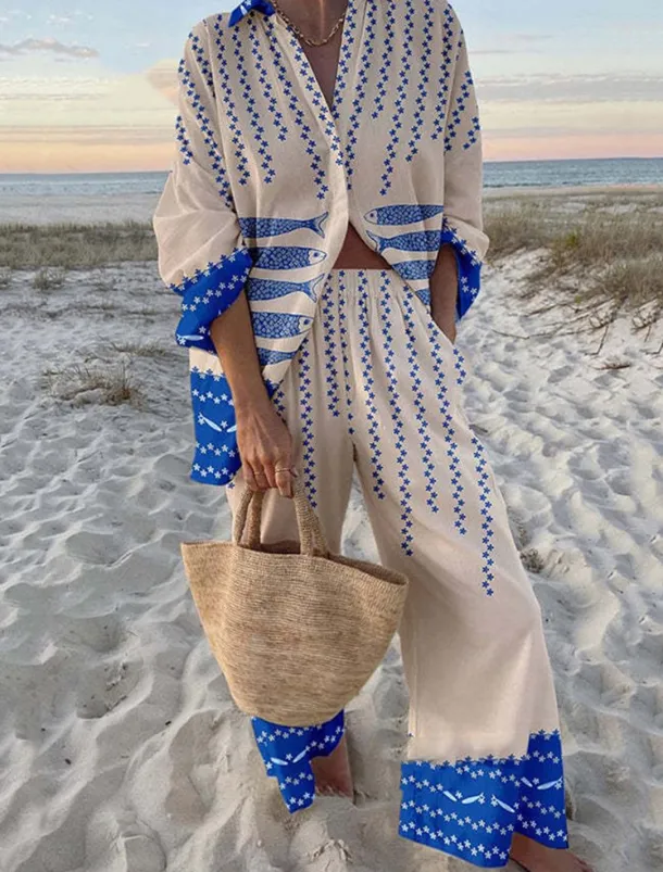 Women's 2 Pieces Fashion Streetwear Daily Pants Sets Long Sleeve Shirt Collar Graphic Casual Daily Beach Red Navy Blue Royal Blue Summer Regular Fit