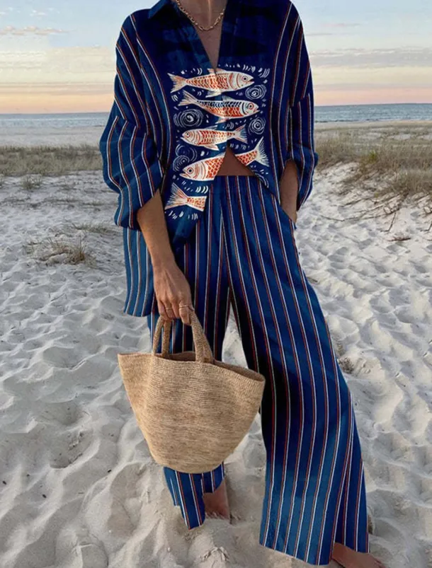 Women's 2 Pieces Fashion Streetwear Daily Pants Sets Long Sleeve Shirt Collar Graphic Casual Daily Beach Red Navy Blue Royal Blue Summer Regular Fit