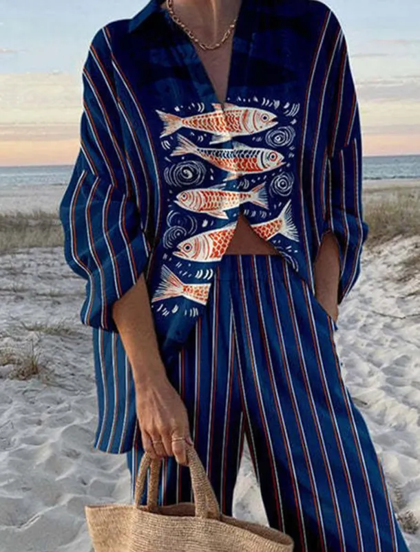 Women's 2 Pieces Fashion Streetwear Daily Pants Sets Long Sleeve Shirt Collar Graphic Casual Daily Beach Red Navy Blue Royal Blue Summer Regular Fit