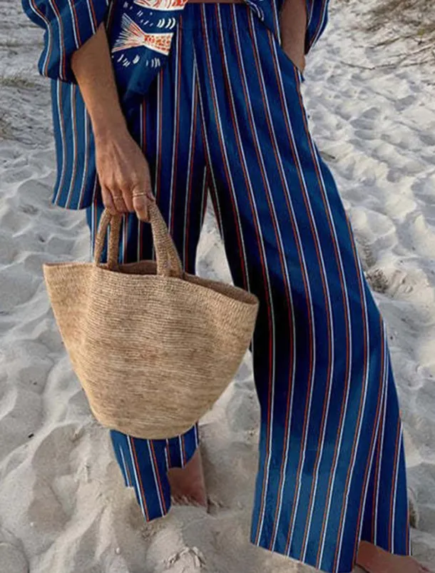 Women's 2 Pieces Fashion Streetwear Daily Pants Sets Long Sleeve Shirt Collar Graphic Casual Daily Beach Red Navy Blue Royal Blue Summer Regular Fit