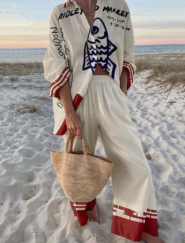 Women's 2 Pieces Fashion Streetwear Daily Pants Sets Long Sleeve Shirt Collar Graphic Casual Daily Beach Red Navy Blue Royal Blue Summer Regular Fit