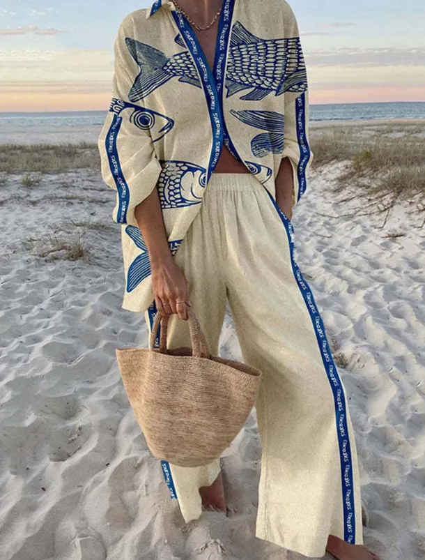 Women's 2 Pieces Fashion Streetwear Daily Pants Sets Long Sleeve Shirt Collar Graphic Casual Daily Beach Red Navy Blue Royal Blue Summer Regular Fit