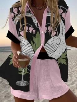 Women's 2 Pieces Fashion Streetwear Daily Shorts Sets Short Sleeve Shirt Collar Floral Graphic Print Vacation Casual Daily Yellow Pink Red Summer Regular Fit