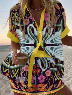 Women's 2 Pieces Fashion Streetwear Daily Shorts Sets Short Sleeve Shirt Collar Floral Graphic Print Vacation Casual Daily Yellow Pink Red Summer Regular Fit