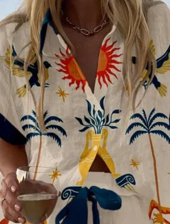 Women's 2 Pieces Fashion Streetwear Daily Shorts Sets Short Sleeve Shirt Collar Floral Graphic Print Vacation Casual Daily Yellow Pink Red Summer Regular Fit