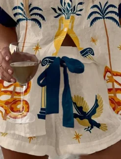 Women's 2 Pieces Fashion Streetwear Daily Shorts Sets Short Sleeve Shirt Collar Floral Graphic Print Vacation Casual Daily Yellow Pink Red Summer Regular Fit