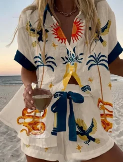 Women's 2 Pieces Fashion Streetwear Daily Shorts Sets Short Sleeve Shirt Collar Floral Graphic Print Vacation Casual Daily Yellow Pink Red Summer Regular Fit