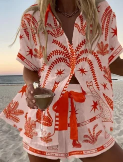 Women's 2 Pieces Fashion Streetwear Daily Shorts Sets Short Sleeve Shirt Collar Floral Graphic Print Vacation Casual Daily Yellow Pink Red Summer Regular Fit