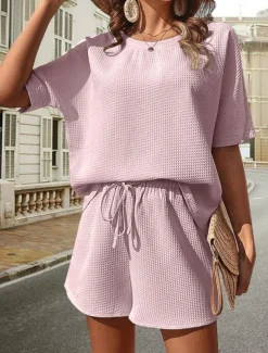 Women's 2 Pieces Fashion Streetwear Daily Shorts Sets Short Sleeve Round Neck Graphic Drawstring Casual Daily White Pink Green Summer Regular Fit
