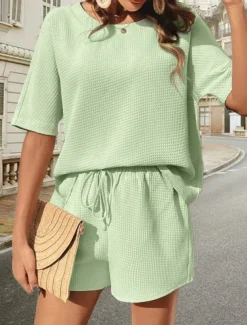 Women's 2 Pieces Fashion Streetwear Daily Shorts Sets Short Sleeve Round Neck Graphic Drawstring Casual Daily White Pink Green Summer Regular Fit