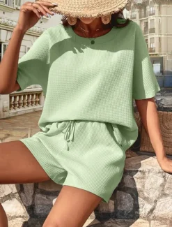 Women's 2 Pieces Fashion Streetwear Daily Shorts Sets Short Sleeve Round Neck Graphic Drawstring Casual Daily White Pink Green Summer Regular Fit