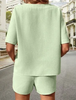 Women's 2 Pieces Fashion Streetwear Daily Shorts Sets Short Sleeve Round Neck Graphic Drawstring Casual Daily White Pink Green Summer Regular Fit