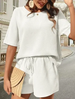 Women's 2 Pieces Fashion Streetwear Daily Shorts Sets Short Sleeve Round Neck Graphic Drawstring Casual Daily White Pink Green Summer Regular Fit