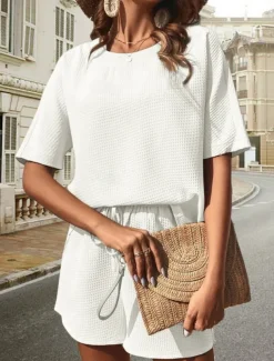 Women's 2 Pieces Fashion Streetwear Daily Shorts Sets Short Sleeve Round Neck Graphic Drawstring Casual Daily White Pink Green Summer Regular Fit