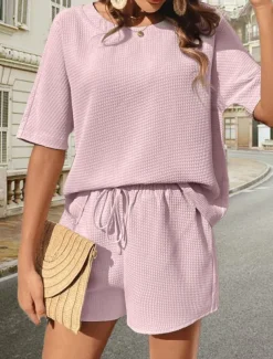 Women's 2 Pieces Fashion Streetwear Daily Shorts Sets Short Sleeve Round Neck Graphic Drawstring Casual Daily White Pink Green Summer Regular Fit