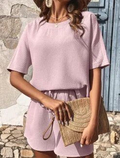 Women's 2 Pieces Fashion Streetwear Daily Shorts Sets Short Sleeve Round Neck Graphic Drawstring Casual Daily White Pink Green Summer Regular Fit