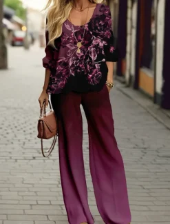 Women's 2 Pieces Sports Daily T Shirt Pants Sets Pants Trousers Long Sleeve V Neck Floral Print Outdoor Casual Purple Spring & Fall Regular Fit