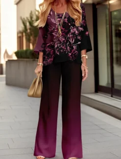 Women's 2 Pieces Sports Daily T Shirt Pants Sets Pants Trousers Long Sleeve V Neck Floral Print Outdoor Casual Purple Spring & Fall Regular Fit