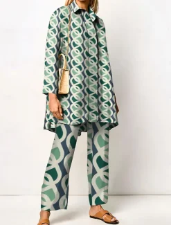 Women's 2 Pieces Streetwear Daily Neon & Bright Shirt Pants Sets Wide Leg Pants Trousers Long Sleeve Shirt Collar Geometric Print Work Daily Pink Red Blue Fall & Winter Regular Fit