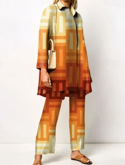 Women's 2 Pieces Streetwear Daily Neon & Bright Shirt Pants Sets Wide Leg Pants Trousers Long Sleeve Shirt Collar Geometric Print Work Daily Pink Red Blue Fall & Winter Regular Fit