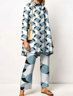 Women's 2 Pieces Streetwear Daily Neon & Bright Shirt Pants Sets Wide Leg Pants Trousers Long Sleeve Shirt Collar Geometric Print Work Daily Pink Red Blue Fall & Winter Regular Fit