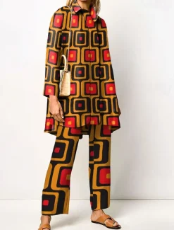 Women's 2 Pieces Streetwear Daily Neon & Bright Shirt Pants Sets Wide Leg Pants Trousers Long Sleeve Shirt Collar Geometric Print Work Daily Pink Red Blue Fall & Winter Regular Fit