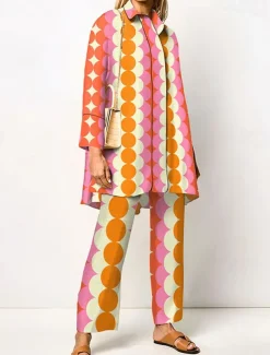 Women's 2 Pieces Streetwear Daily Neon & Bright Shirt Pants Sets Wide Leg Pants Trousers Long Sleeve Shirt Collar Geometric Print Work Daily Pink Red Blue Fall & Winter Regular Fit