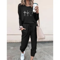 Women's 2 Pieces Sweatshirt Tracksuits Streetwear Basic T Shirt Tracksuit Pants Sets Short Sleeve Crew Neck Heart Drawstring Print Vacation Casual Daily Black Pink Gray Fall & Winter Regular Fit