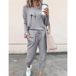 Women's 2 Pieces Sweatshirt Tracksuits Streetwear Basic T Shirt Tracksuit Pants Sets Short Sleeve Crew Neck Heart Drawstring Print Vacation Casual Daily Black Pink Gray Fall & Winter Regular Fit