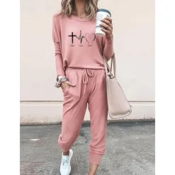 Women's 2 Pieces Sweatshirt Tracksuits Streetwear Basic T Shirt Tracksuit Pants Sets Short Sleeve Crew Neck Heart Drawstring Print Vacation Casual Daily Black Pink Gray Fall & Winter Regular Fit