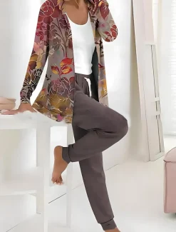 Women's 2 Pieces Tracksuits Pants Sets Long Sleeve Active Daily Hoodie Hooded Floral Graphic Drawstring Print Outdoor Casual Black Dark Navy Light Brown Fall & Winter Regular Fit