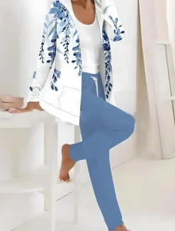 Women's 2 Pieces Tracksuits Pants Sets Long Sleeve Active Daily Hoodie Hooded Floral Graphic Drawstring Print Outdoor Casual Black Dark Navy Light Brown Fall & Winter Regular Fit