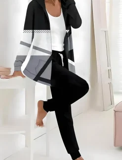 Women's 2 Pieces Tracksuits Pants Sets Long Sleeve Active Daily Hoodie Hooded Floral Graphic Drawstring Print Outdoor Casual Black Dark Navy Light Brown Fall & Winter Regular Fit